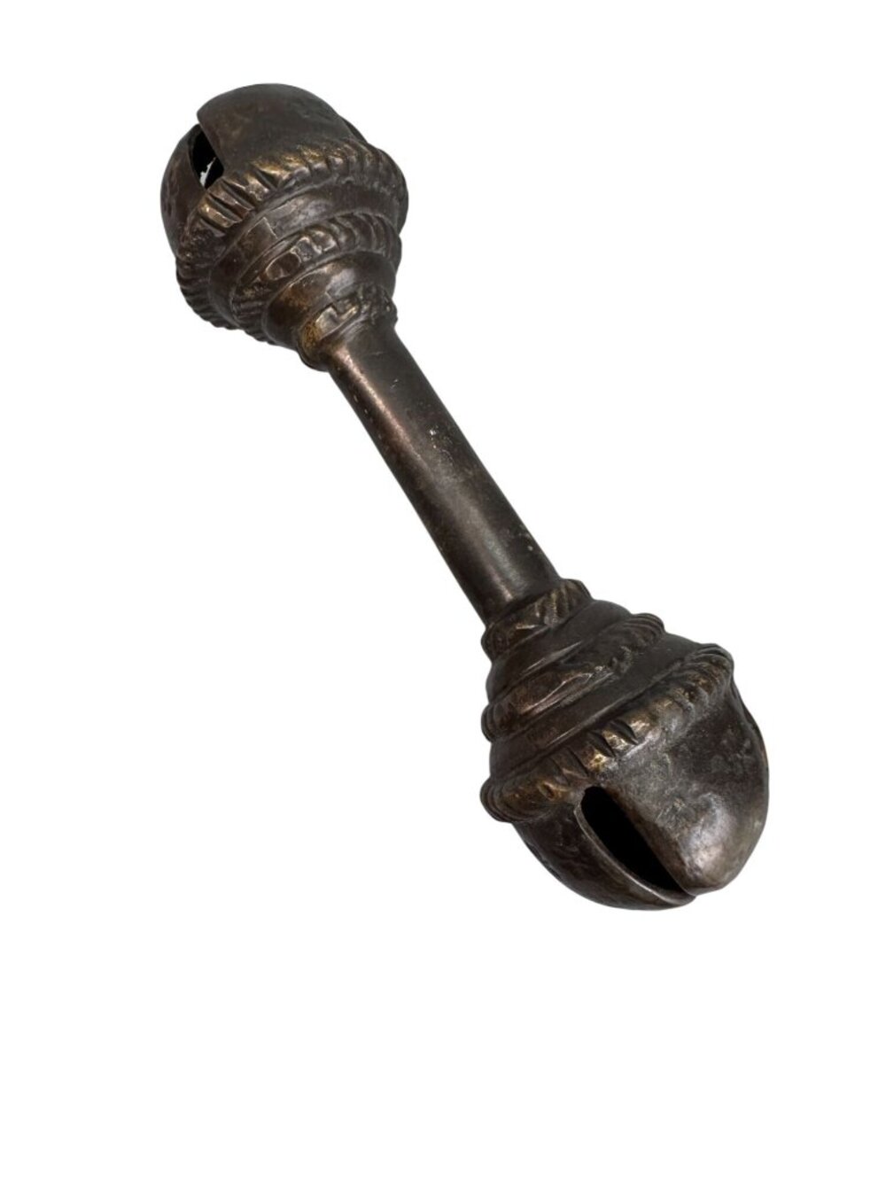 Antique Brass Baby Rattle Double Bell Primitive Nursery Decor 6 Inch 13 Oz - Picture 8 of 10